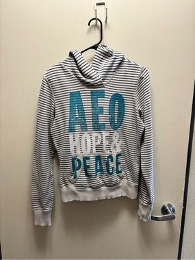 American Eagle Outfitters White and Teal Striped Cowl-Neck Hoodie